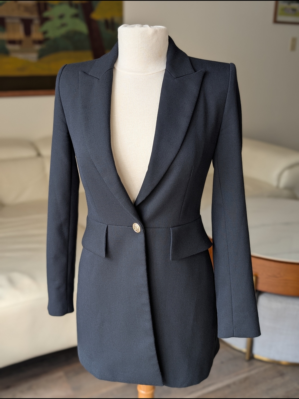Zara Navy Longline Tailored Blazer Dress with Gold Button